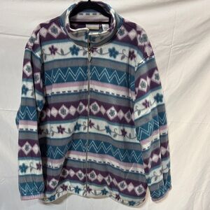 Alfred Dunner Blue, Purple & White Patterned Fleece Zip Jacket